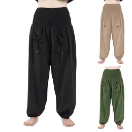 Women's Pants Streetwear Women Harem Elastic Waist Solid Color Wide Leg With Pockets Palazzo Trousers Drawstring Long