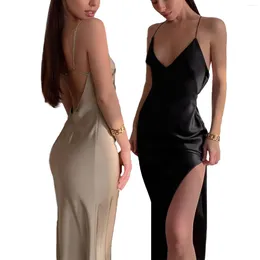 Casual Dresses Women Sexy Split Dress Sleeveless V Neck Maxi Summer Evening Party Club Elegant Female Black/ Champagne