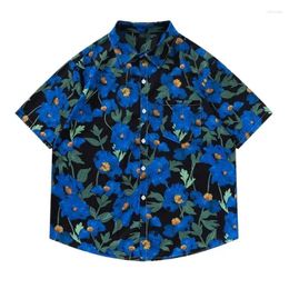 Men's Casual Shirts 2024 Summer Cotton Linen Shirt Handsome Tee Blue Printed Half Sleeve Loose Top Office