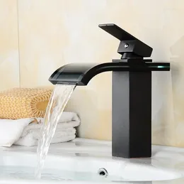 Bathroom Sink Faucets Brass Black Glass Hole Water Tap Waterfall Faucet For Mixer B3288