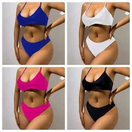 2024 New Womens Split Solid Colour Sexy Cross Strap Bikini Swimsuit Womens Swimsuit