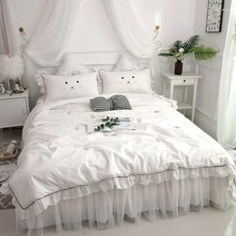 Bedding Sets Cotton Four-Piece Set Cute Quilt Cover Lace Bed Skirt Small Fresh White