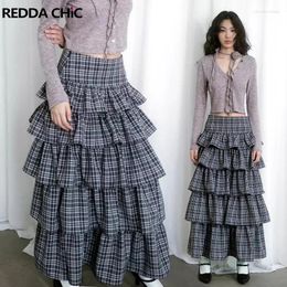 Skirts REDDACHiC 90s Retro Grey Plaid Long Cake Skirt Women Casual Layered Ruffle Low Waist Puffy Jk School Korean Y2k Streetwear