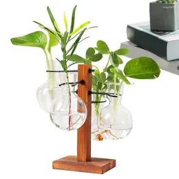 Vases Plant Terrarium With Wooden Stand Flower Pot Hydroponics Air Planter Holder Bulb Vase For Tabletop Garden Home Decor