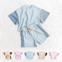 Summer Toddler Girls Cotton Short Sleeve TopShorts Set Baby Boys Shortsleeve Tee Outfits Sets Kids Stitching Colour Clothes 240329