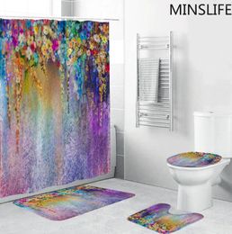 Shower Curtains Colourful Wedding Floral Printed Curtain Set Toilet Polyester Cover Non-slip Mat Bathroom Lid Carpet Fashion Home Decor