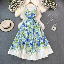 Basic Casual Dresses New 2024 Summer Runway Holiday Long Dress Women's Gorgeous Sleeveless V Neck Flower Print Robe Vest Beach Party Vestidos