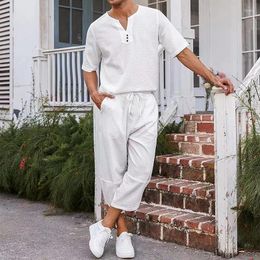 Men's Tracksuits 2024 Summer Leisure Mens Two Piece Sets Solid Color Loose Suits Men Casual Short-sleeved V Neck T Shirts And Pants Outfits