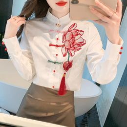 Women's T Shirts Spring Fall Women Chinese Style Embroidery Jacquard Flower White Top Shirt Woman Slim Vintage Full Sleeve Tops