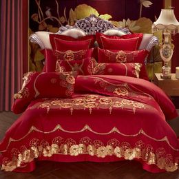 Bedding Sets 2024 Luxury Embroidery Set Duvet Cover Bed Spread Pillowcase Red Satin 4/6/9pcs For Wedding