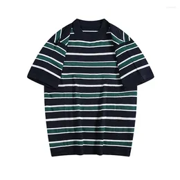 Men's Sweaters Retro Striped Ice Silk Knitted Sweater Loose Casual Fashion Round Neck T-shirt Short Sleeved Summer Daily Tops Pullover