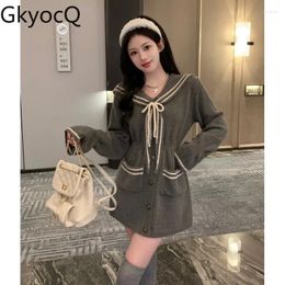 Casual Dresses GkyocQ Size L-4XL Women Dress Fashion Elegant And Pretty Sailor Collar High Waist Slim A Line Long-sleeved Knitting