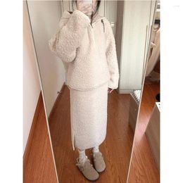 Work Dresses 2Pcs Women Fleece Suits Solid Soft Loose Pullover Lambs Velvet Hoodies HIgh Waist Side Split Skirt Female Stylish Casual Sets