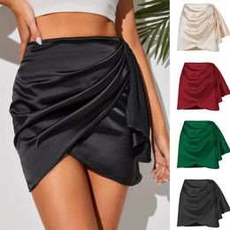 Skirts Solid Satin Short High Wais Women Irregular Zipper Skirt Elegant Chic Office Lady Fashion Streetwear Spring Summer