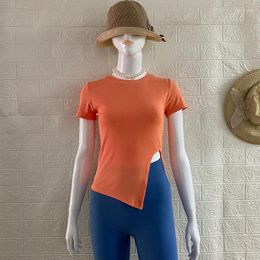 Active Shirts QUMOR Slim Body Side Slit O Neck Short Sleeve T-shirt Woman Fit Tight Tee Summer Girl Basic Solid Colour Tops