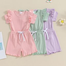 Clothing Sets FOCUSNORM 3 Colors Infant Baby Girls Clothes 0-4Y Solid Ribbed Ruffle Short Sleeve T-Shirt And Elastic Shorts Set