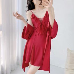 Home Clothing Women Robe Set Rayon Sleepwear Bathrobe Suit Lace Nightdress Loungewear 2 Piece Kimono Dress Summer Clothes