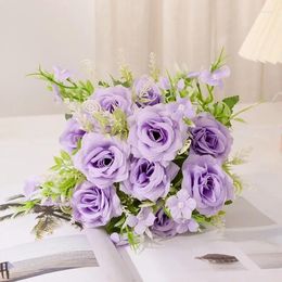 Decorative Flowers Wedding Artificial Silk Curled Edge Roses Bouquet Home Living Room Decoration Simulation Flower Blue Pink Rose Floral