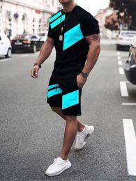 Summer Mens Sports Suit Short Sleeve TShirt Shorts Twopiece Set Splicing Printing Fashion Casual Street Clothing 240325