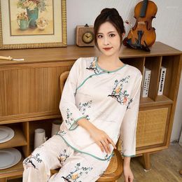 Home Clothing Chinese Style Women Pyjamas Round Neck Satin Nightwear Two Pieces Sleep Set Sexy Shirt&Pant Suit Print Flower Sleepwear