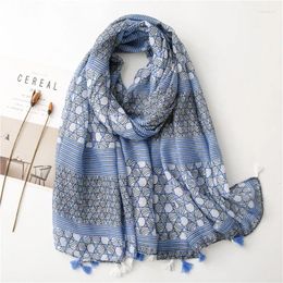 Scarves 90 180 Printed Soft Linen Cotton Scarf Shawls Women Fashion Hijab Lady High Quality Wrap Tassel 2024