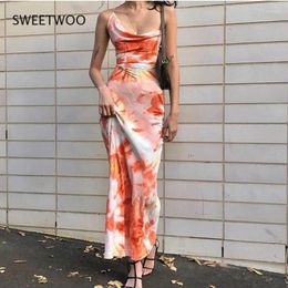 Casual Dresses 2024 Summer Dress Women Tie-Dye Printing Sexy Back Cross Strap Mid-Length Suspender