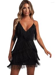 Casual Dresses Women Sexy Deep V-Neck Spaghetti Straps Fringe Bodycon Mini Dress Tassels 1920s Gatsby Cocktail Latin Club Party