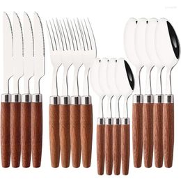 Dinnerware Sets 16Pcs Cutlery Stainless Steel Knife Fork Tea Spoon Imitation Wooden Handle Western Tableware Kitchen Silverware