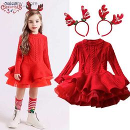 Girl's Dresses Red Christmas Dress for Girls Solid Long Seve Knitted Sweater Girl Dresses Autumn Winter Warm Kids Clothes New Year Baby Dress L240402