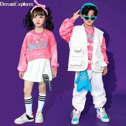 Girl's Dresses Boys Hip Hop White Vest Sweatshirt Cargo Pants Girls Street Dance Miniskirt Joggers Child Stage Streetwear Kids Jazz Clothes Set L240402
