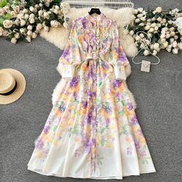 Casual Dresses Elegant Flower Holiday Maxi Dress Women Spring Ruffles Stand Lantern Sleeve Floral Print Belt Long Vestidos Female Clothes