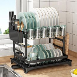 Kitchen Storage 2 Tier Dish Drying Rack Counter Organiser With Drainboard And Utensil Holders Carbon Steel Drainer Set