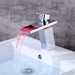 Bathroom Sink Faucets Wovier LED Waterfall Faucet Basin Mixer Single Handle Cold And Water Tap With Plate