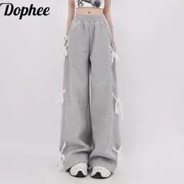 Women's Pants Dophee Dopamine Casual Female Trousers Spring All-match Elastic Waist Lace Bow Tie Wide Leg Sweatpants Grey Straight