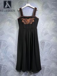 Casual Dresses AELESEEN Vintage Summer Women Dress Spaghetti Strap Design Black Flower Embroidery Beading Square Collar Elegant Long Party