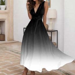 Casual Dresses 2024 Summer Gradient Printed Prom Long Dress Elegant V Neck Sleeveless High Waist Temperament Slim Draped
