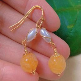 Dangle Earrings Fashion Yellow Round Hetian Jade White Rice Pearl Gold Women Silver Formal Handmade Crystal Everyday Beaded Art