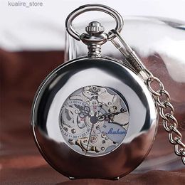 Pocket Watches Polished smooth silver/black/bronze self winding mechanical pocket with hollow round cover retro automatic pendant timing L240402