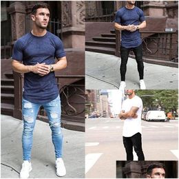 Men'S Jeans 4 Colours Mens Denim Ripped Slim Fit Side Striped Male Skinny Pencil Pants Casual Trousers With Zippers Drop Delivery Appa Dhu2P