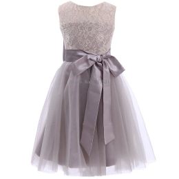 Dresses 2020 New Lace Tulle Pretty Grey Tutu Flower Girl Dresses Plus Size Sleeveless With Big Bow Baby Girl Infant Toddler Gown