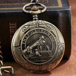 Pocket Watches Retro Locomotive Mechanical Pocket The Polar Express Design Bronze Hollow Skeleton Mens New Mechanical Pocket Chain L240402