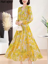 Casual Dresses 2024 Boho Elegant Floral Chiffon Maxi Dress Women Fashion Chic Ruffled With Long Sleeves Spring Korean Bodycon Vestidos
