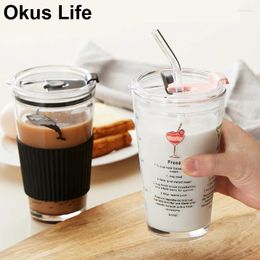 Mugs 450ml Travel Glass Mug Coffee Cup Heat-Resistant Scale Car Water Milk Insulation Non-slip Cover Straw Set