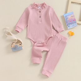 Clothing Sets 2Pcs Born Infant Baby Girls Ruffle Solid Colour Ribbed Long Sleeve Romper Pants Spring Fall Casual Clothes Set