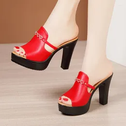 Slippers 2024 Fashion Summer High-heel Thick-soled Chunky Heel Heart-shaped Leather Wedding Shoes Sandalias De Mujer