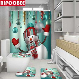 Shower Curtains Kawaii Christmas Curtain Polyester Fabric Bath With Hook Cute Snowman Bathroom Decor Pedestal Non-slip Rugs Mats