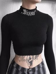 Women's T Shirts Women Black Bodycon Long Sleeve Crop Tops Gothic Harajuku Letter Embroidery Vintage Solid Female Casual Basic