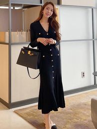 Casual Dresses Vintage Korean Midi For Women Clothing Black Long Sleeve V-Neck Mermaid Dress Elegant Fashion Autumn Knitted Sweater