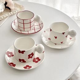 Mugs Korean Red Grid Single Cup Plate Lovely Ins Girl Heart Milk Oatmeal Coffee Breakfast