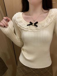 Women's Sweaters Sweet Sueter Mujer O-neck Bow Tunic Sweater Women Solid Color Pull Femme Patchwork Lace Knitted Cropped Pullovers Femmme